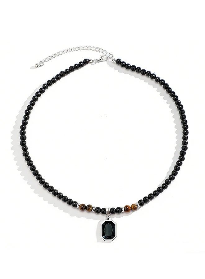 Happy D Black Beaded Chain Necklace with Safety Clasp, Men's Hip-Hop Niche High-End Minimalist Personalized Collarbone Chain Accessory - Image 2